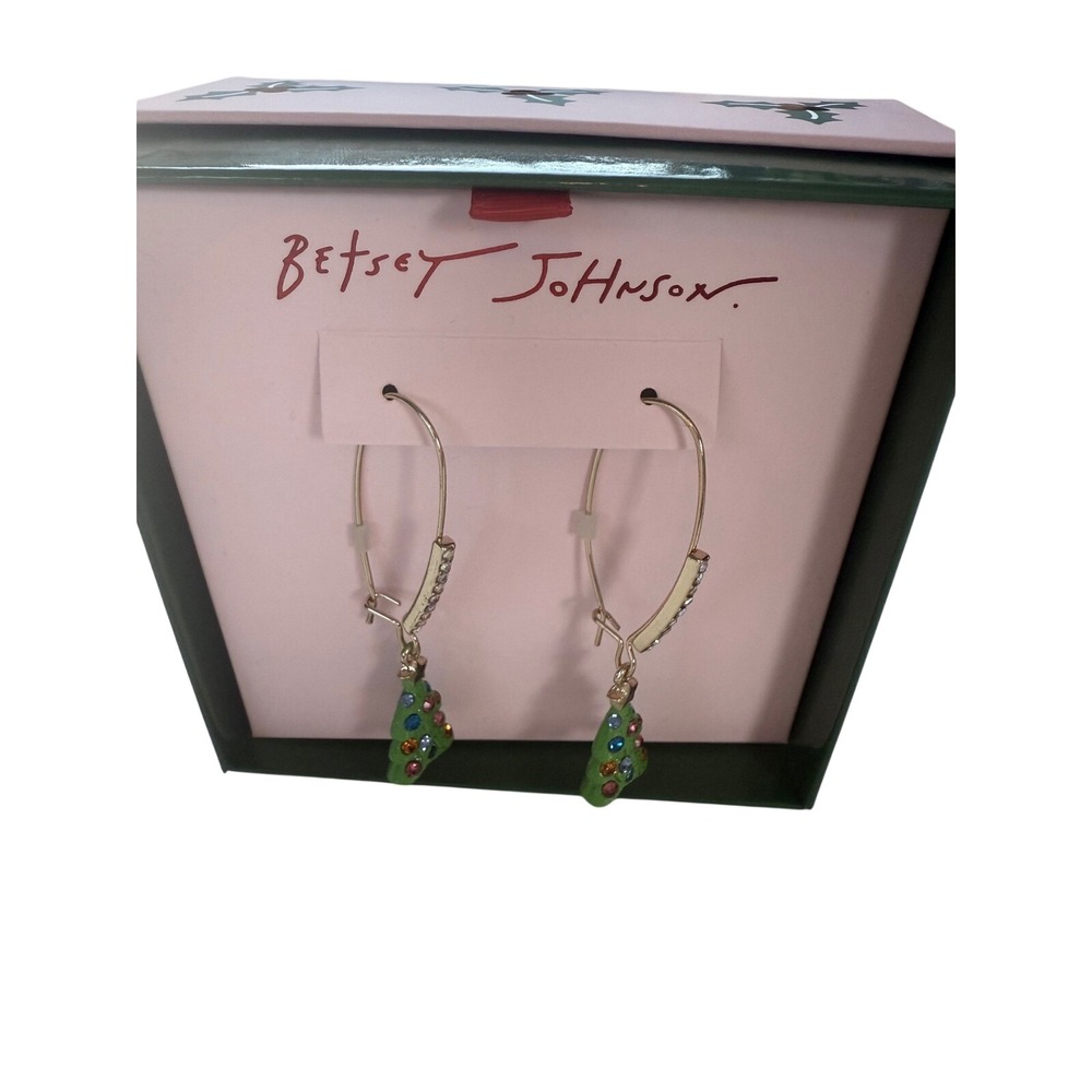 Betsey‎ Johnson Christmas Tree Huggie Hoop Earrings Gold Crystal Holiday NIB